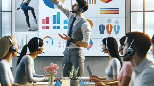A virtual meeting with participants engaging actively. One leads with interactive elements on a digital whiteboard, another takes a movement break. All wear headsets, focused on collaboration.