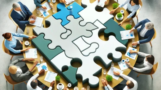 Gruppe diverser Menschen arbeitet gemeinsam an einem Puzzletisch, symbolisiert Einheit und Kooperation.